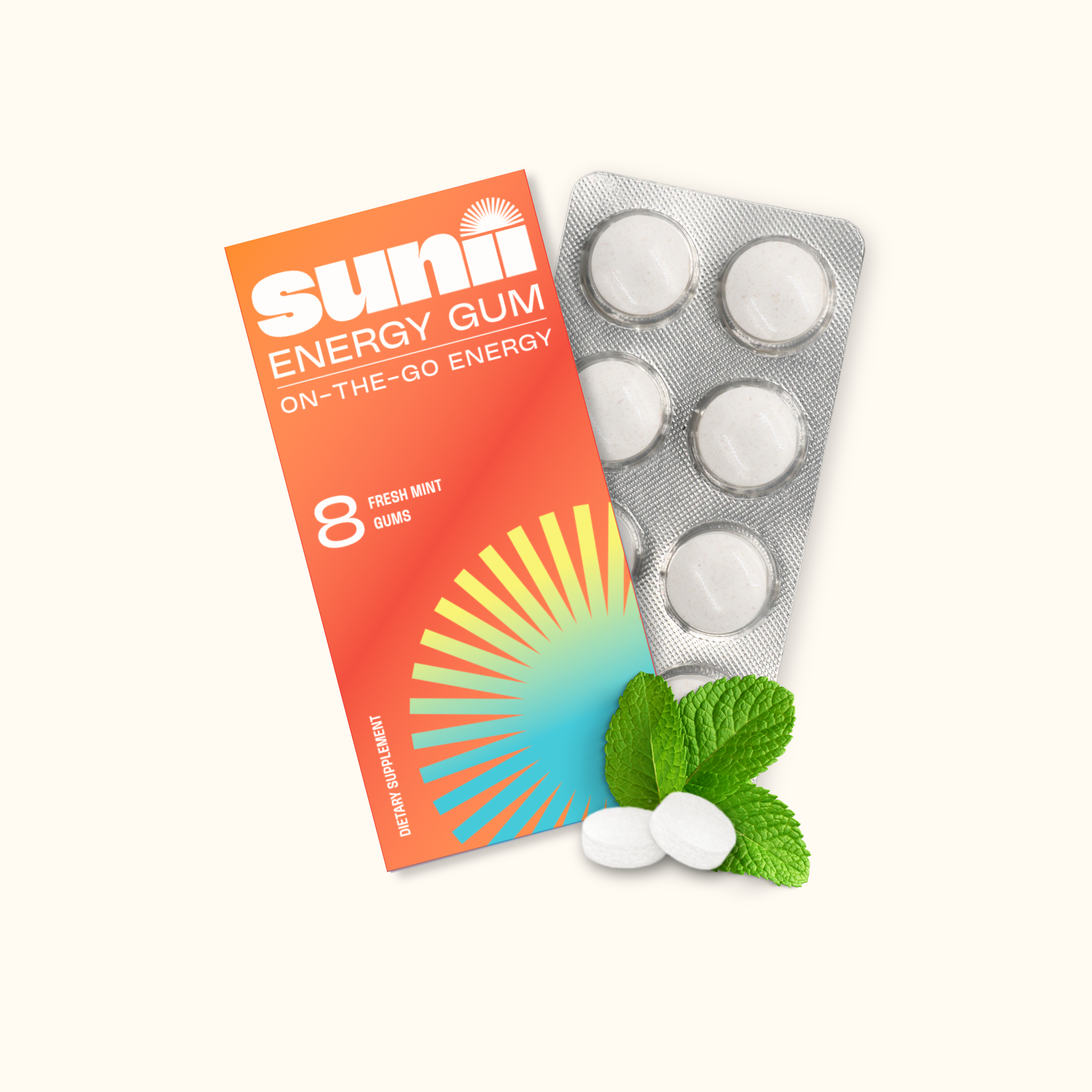 Sunii Energy Gum fresh mint flavor pack with blister and mint leaves for on-the-go energy